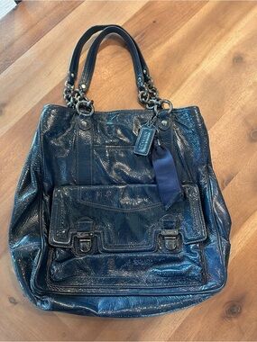 Coach Glossy Navy Patent Leather Shoulder Bag with Chain Handles